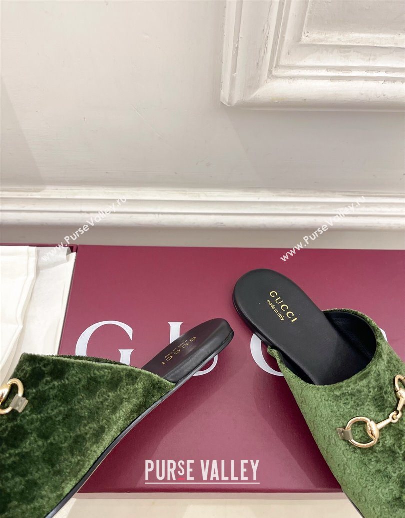 Gucci GG Velvet Flat Mules with Horsebit Green 2025 849565 (MD-251020033)