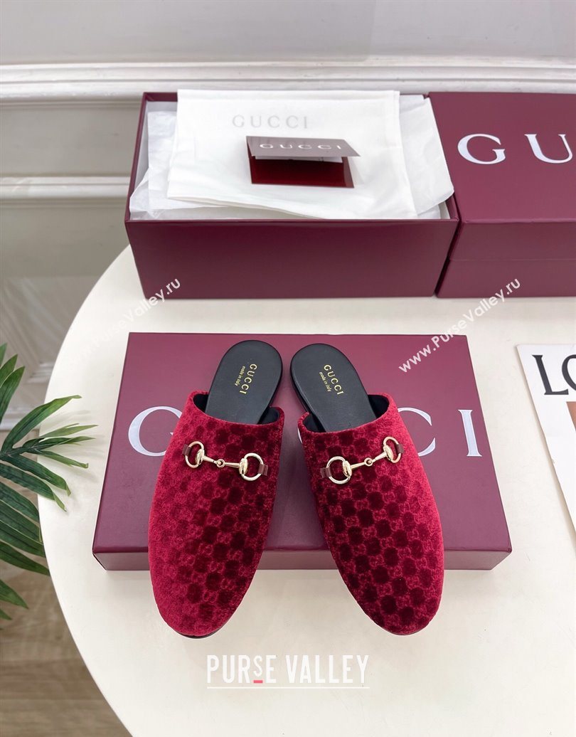 Gucci GG Velvet Flat Mules with Horsebit Red 2025 849565 (MD-251020035)