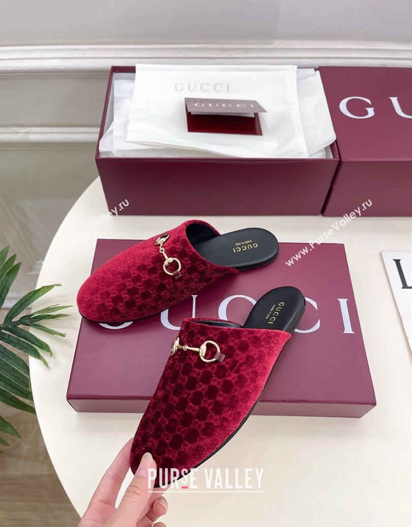 Gucci GG Velvet Flat Mules with Horsebit Red 2025 849565 (MD-251020035)