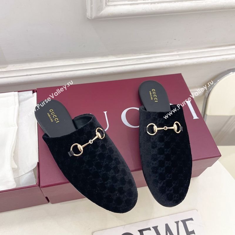 Gucci GG Velvet Flat Mules with Horsebit Black 2025 849565 (MD-251020036)