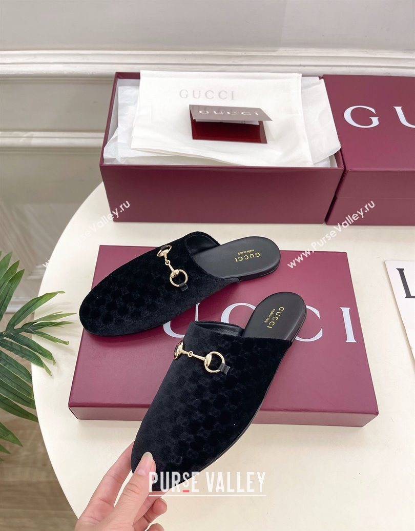 Gucci GG Velvet Flat Mules with Horsebit Black 2025 849565 (MD-251020036)
