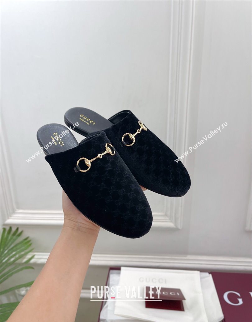 Gucci GG Velvet Flat Mules with Horsebit Black 2025 849565 (MD-251020036)
