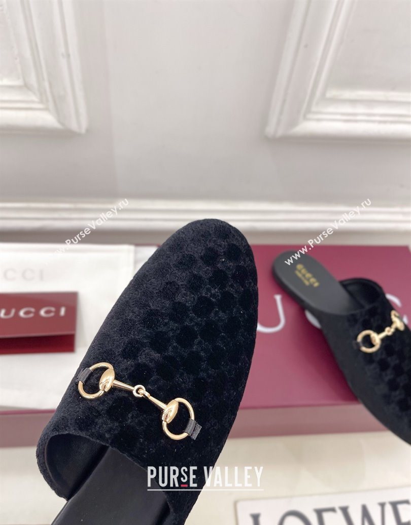 Gucci GG Velvet Flat Mules with Horsebit Black 2025 849565 (MD-251020036)