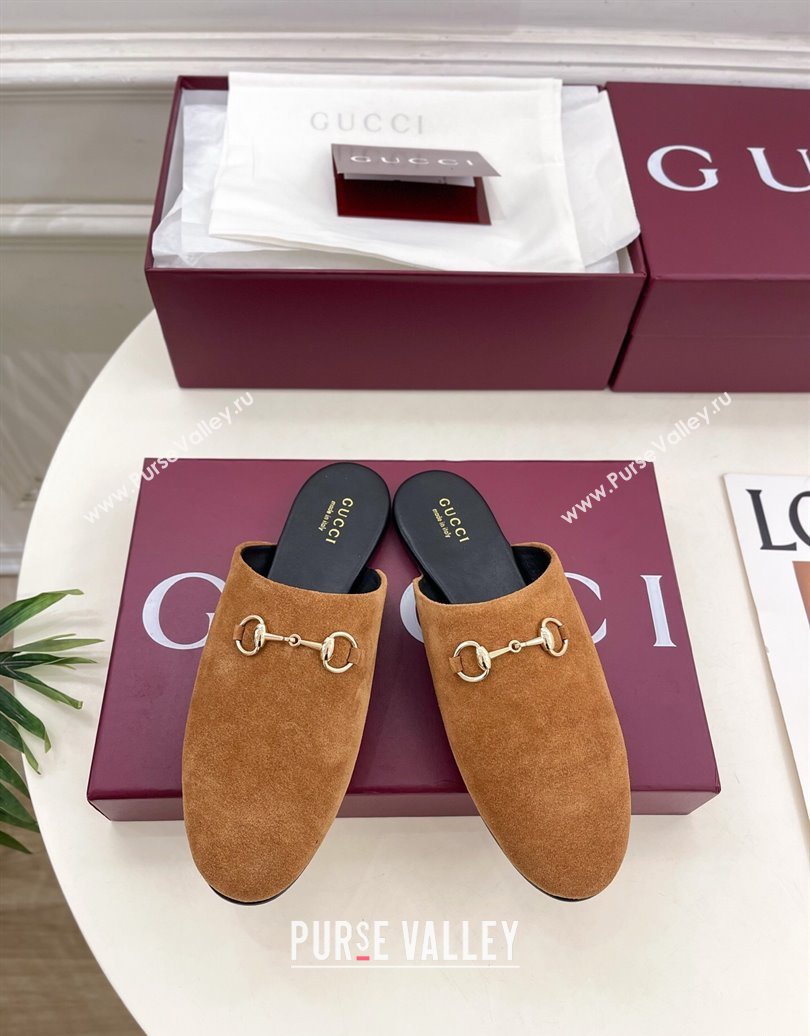 Gucci Suede Flat Mules with Horsebit Brown Yellow 20252 849565 (MD-251020034)
