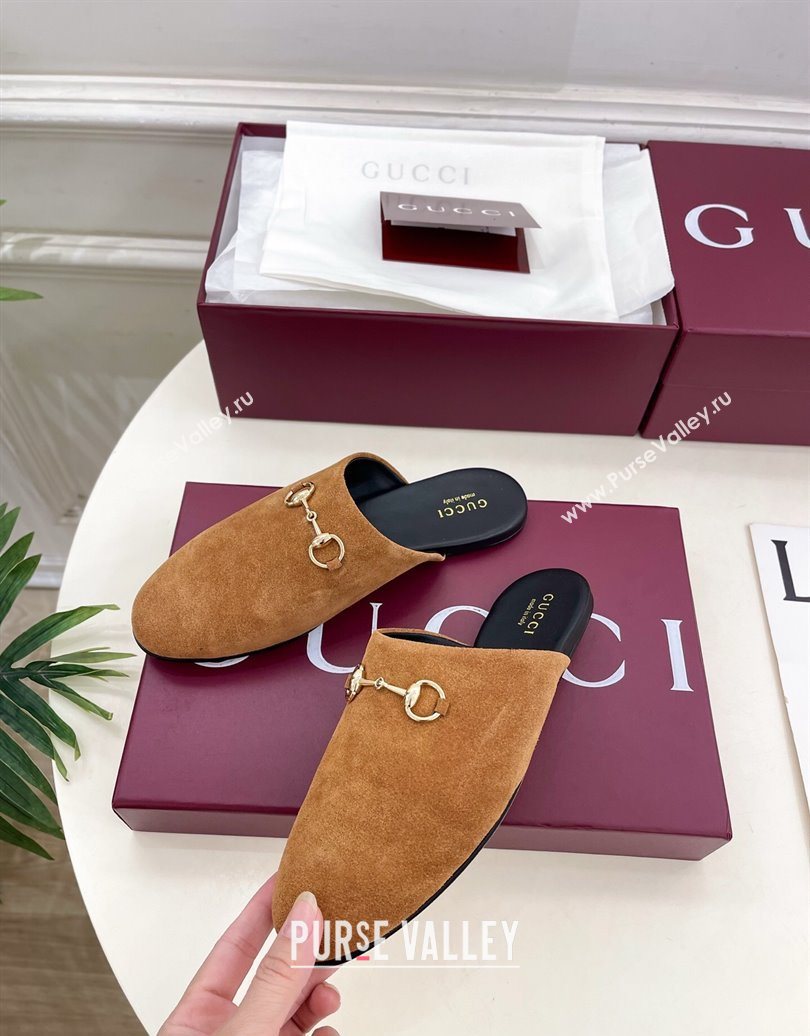 Gucci Suede Flat Mules with Horsebit Brown Yellow 20252 849565 (MD-251020034)