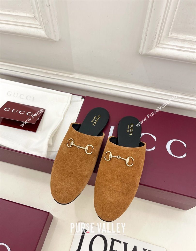 Gucci Suede Flat Mules with Horsebit Brown Yellow 20252 849565 (MD-251020034)