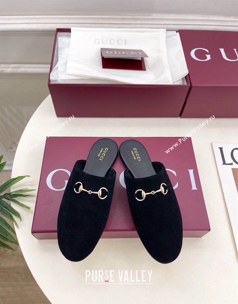 Gucci Suede Flat Mules with Horsebit Black 20252 849565 (MD-251020039)