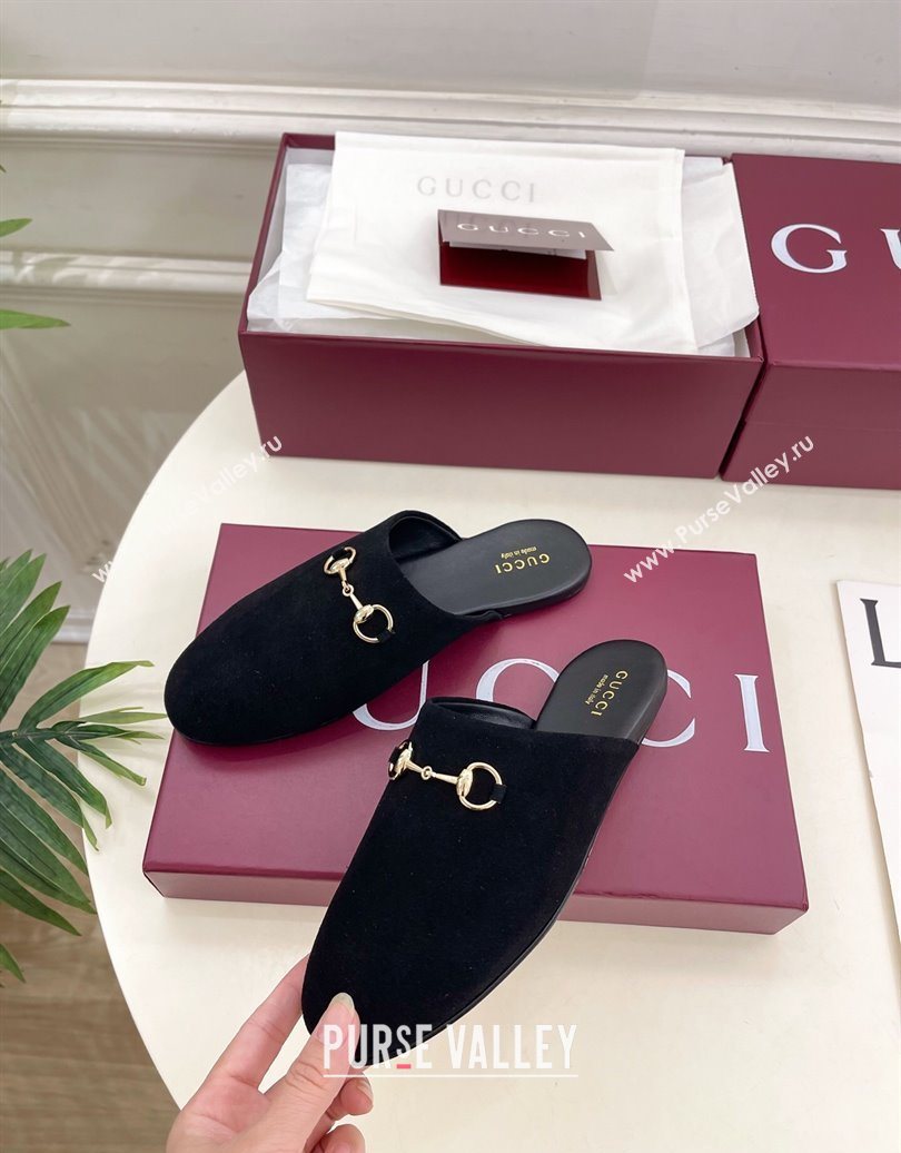 Gucci Suede Flat Mules with Horsebit Black 20252 849565 (MD-251020039)