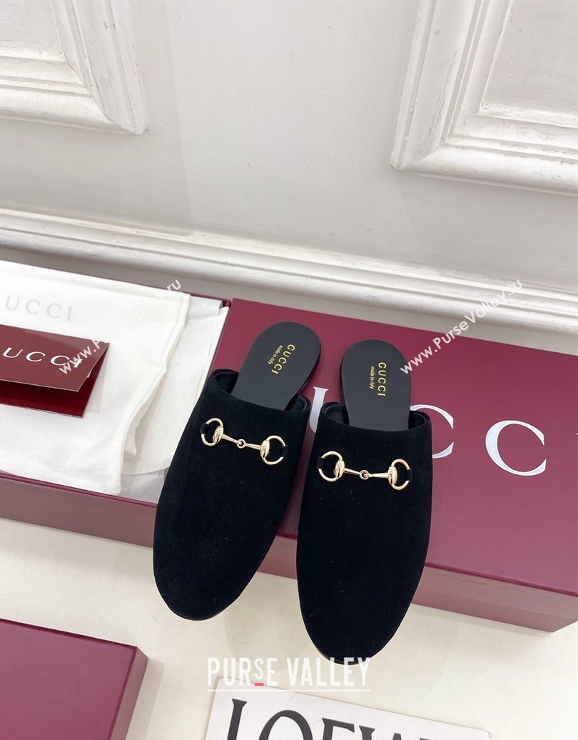 Gucci Suede Flat Mules with Horsebit Black 20252 849565 (MD-251020039)