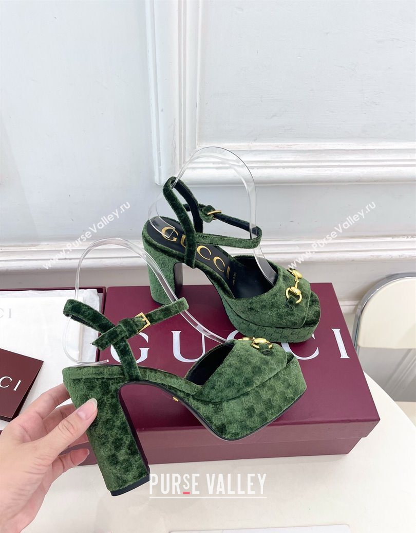 Gucci GG Velvet Platform Sandals 11.5cm with Horsebit Green 2025 GG102101 (MD-251021042)