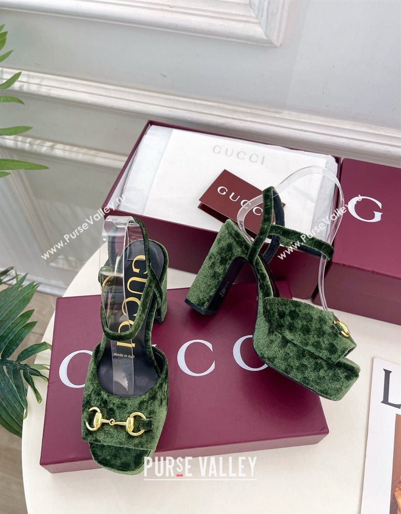 Gucci GG Velvet Platform Sandals 11.5cm with Horsebit Green 2025 GG102101 (MD-251021042)