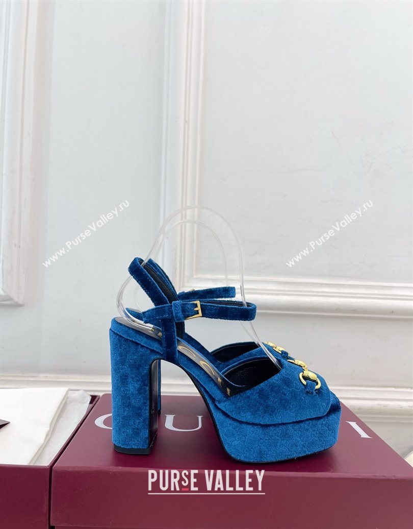 Gucci GG Velvet Platform Sandals 11.5cm with Horsebit Blue 2025 GG102101 (MD-251021043)