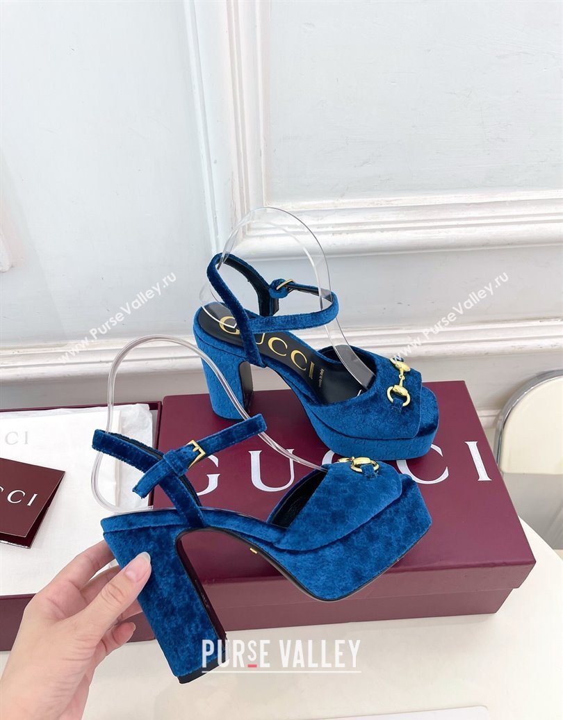 Gucci GG Velvet Platform Sandals 11.5cm with Horsebit Blue 2025 GG102101 (MD-251021043)
