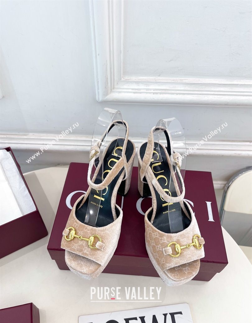 Gucci GG Velvet Platform Sandals 11.5cm with Horsebit Beige 2025 GG102101 (MD-251021044)