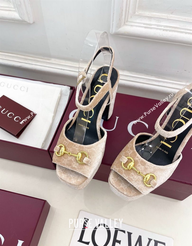 Gucci GG Velvet Platform Sandals 11.5cm with Horsebit Beige 2025 GG102101 (MD-251021044)