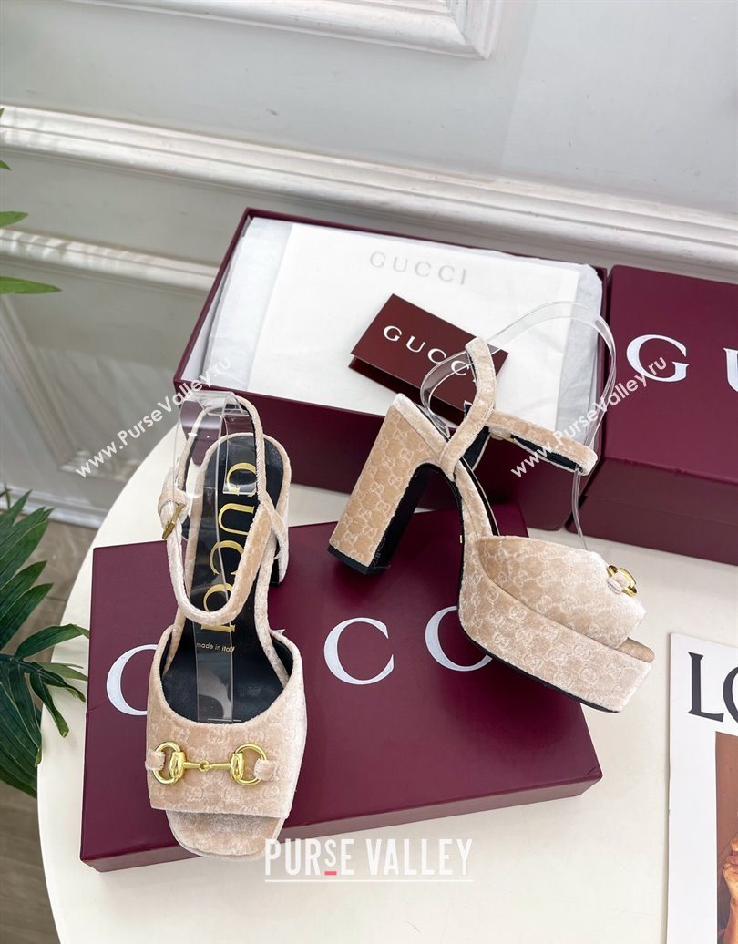 Gucci GG Velvet Platform Sandals 11.5cm with Horsebit Beige 2025 GG102101 (MD-251021044)