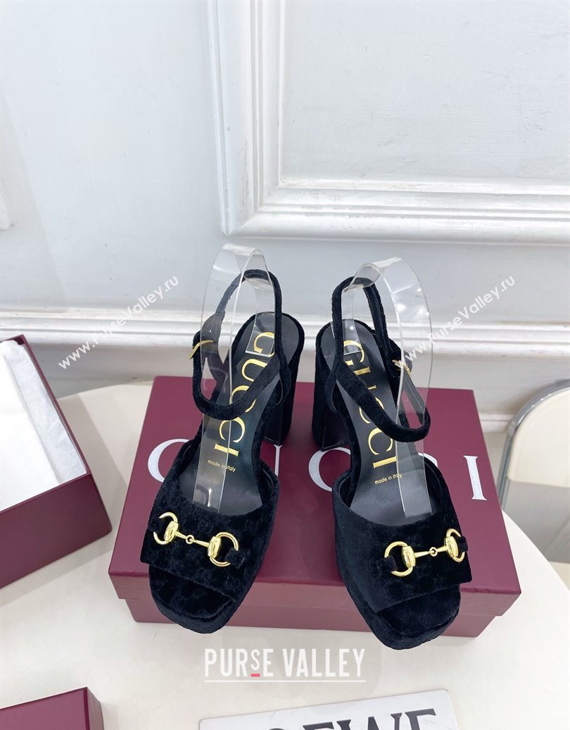Gucci GG Velvet Platform Sandals 11.5cm with Horsebit Black 2025 GG102101 (MD-251021046)