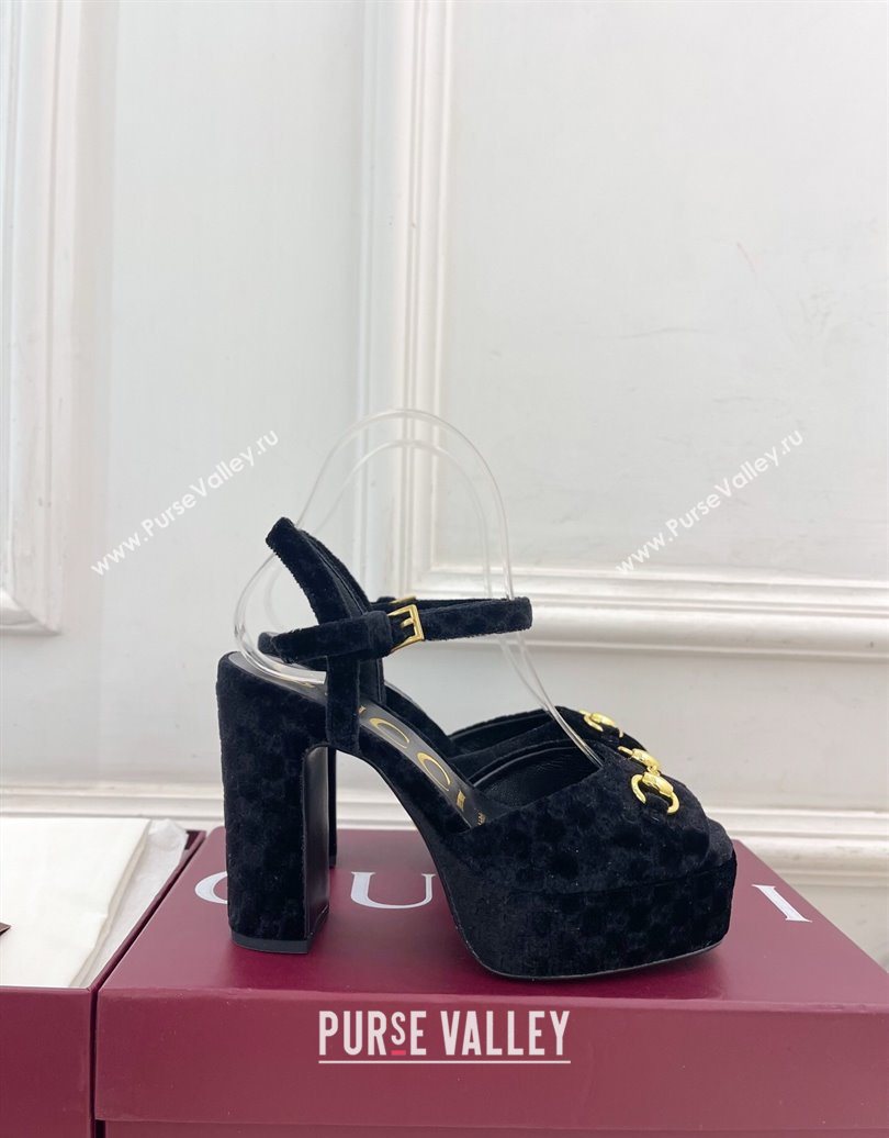 Gucci GG Velvet Platform Sandals 11.5cm with Horsebit Black 2025 GG102101 (MD-251021046)