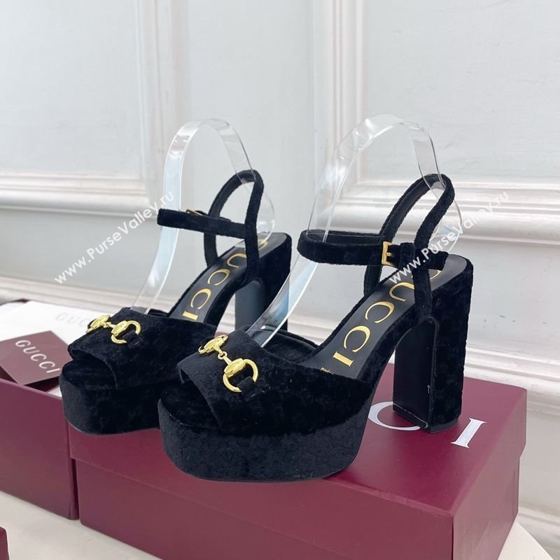 Gucci GG Velvet Platform Sandals 11.5cm with Horsebit Black 2025 GG102101 (MD-251021046)