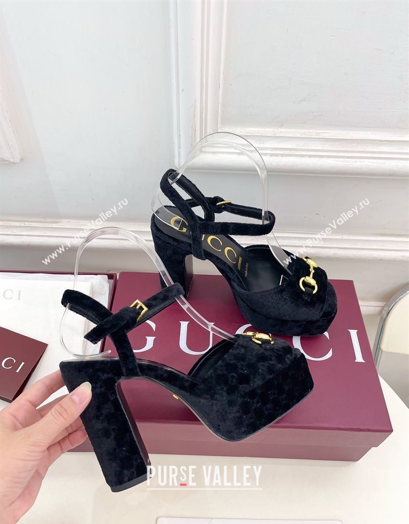 Gucci GG Velvet Platform Sandals 11.5cm with Horsebit Black 2025 GG102101 (MD-251021046)