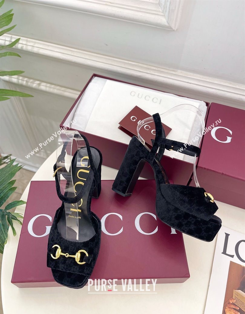 Gucci GG Velvet Platform Sandals 11.5cm with Horsebit Black 2025 GG102101 (MD-251021046)
