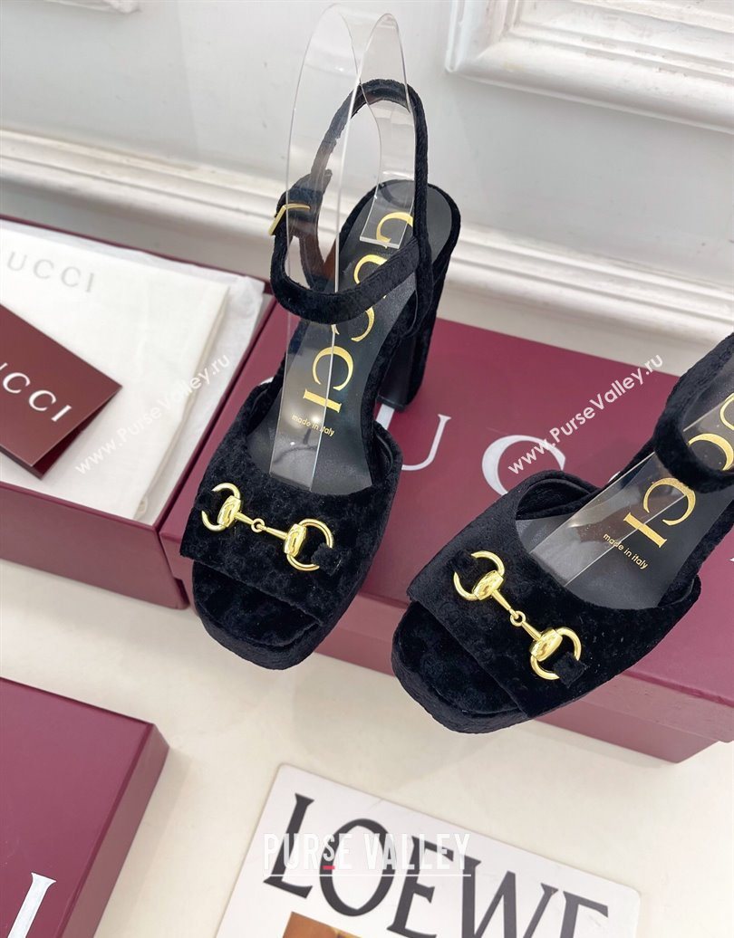 Gucci GG Velvet Platform Sandals 11.5cm with Horsebit Black 2025 GG102101 (MD-251021046)
