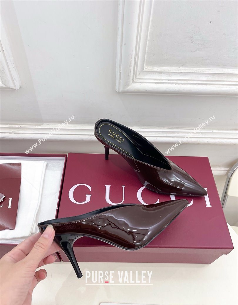 Gucci 97 Heeled Mules 8.5cm in Patent Leather Brown 2025 851087 (MD-251021050)