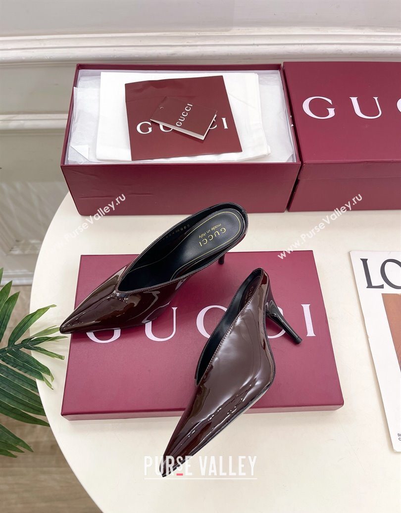 Gucci 97 Heeled Mules 8.5cm in Patent Leather Brown 2025 851087 (MD-251021050)