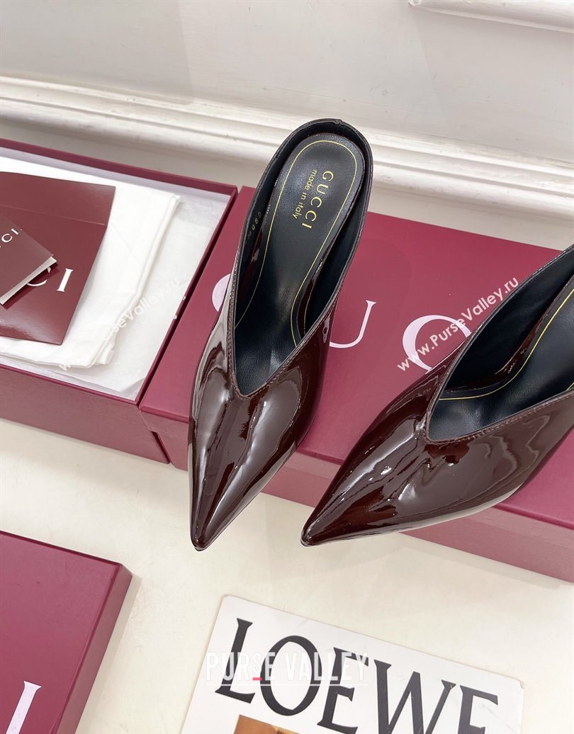 Gucci 97 Heeled Mules 8.5cm in Patent Leather Brown 2025 851087 (MD-251021050)
