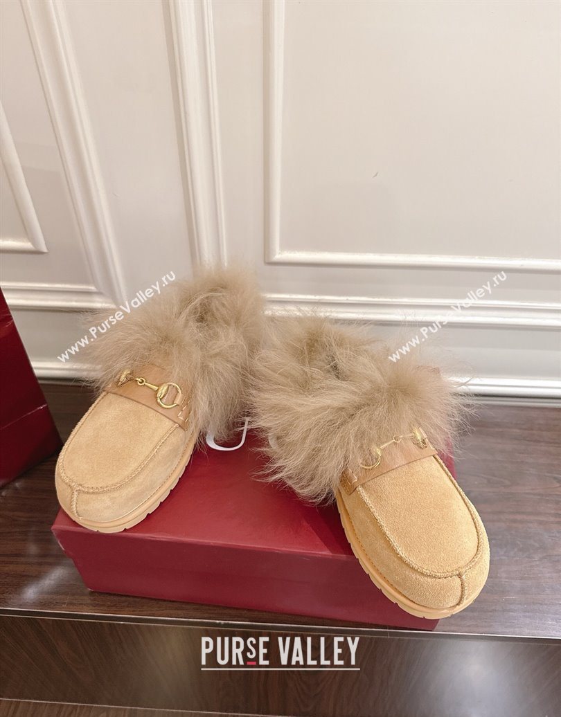 Gucci Suede and Wool Flat Loafers with Horsebit Beige Yellow 20252 GG102001 (MD-251020040)