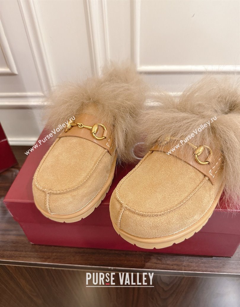 Gucci Suede and Wool Flat Loafers with Horsebit Beige Yellow 20252 GG102001 (MD-251020040)