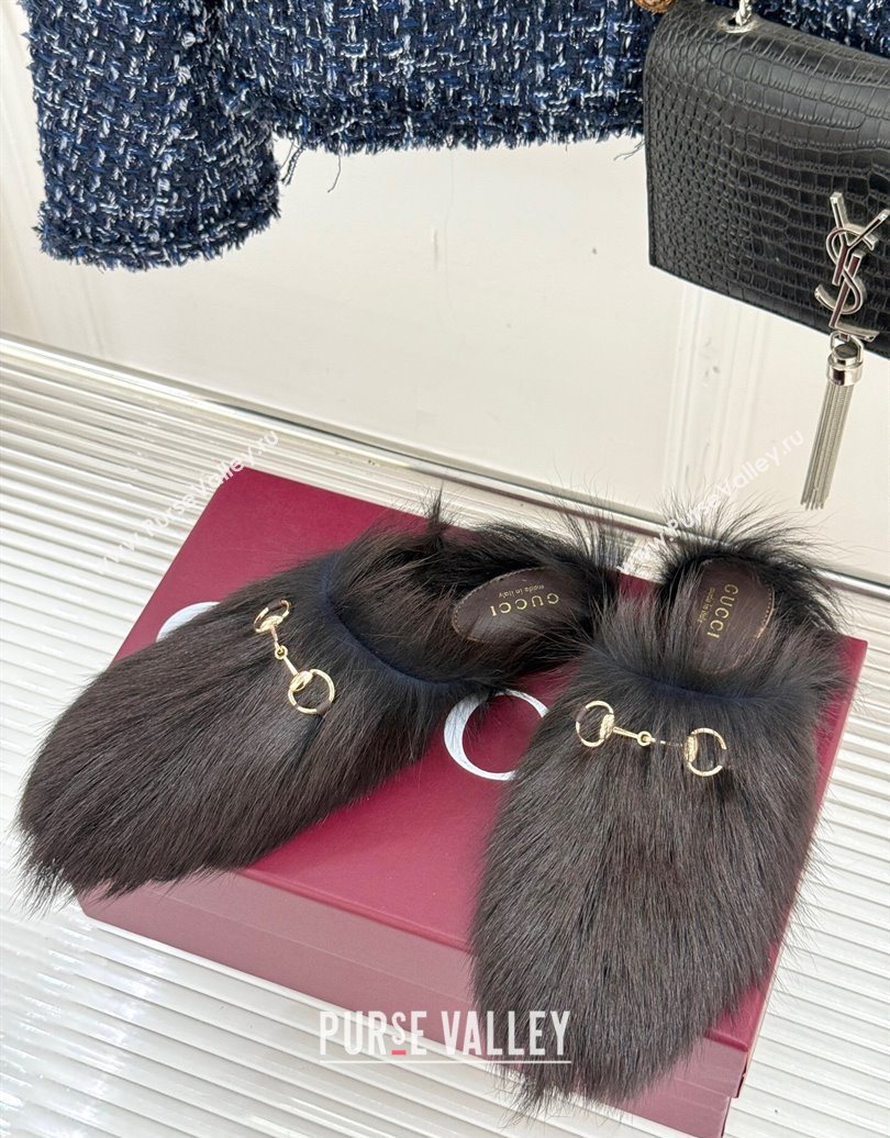 Gucci Wool Flat Mules with Horsebit Dark Brown 20252 850378 (MD-251020044)