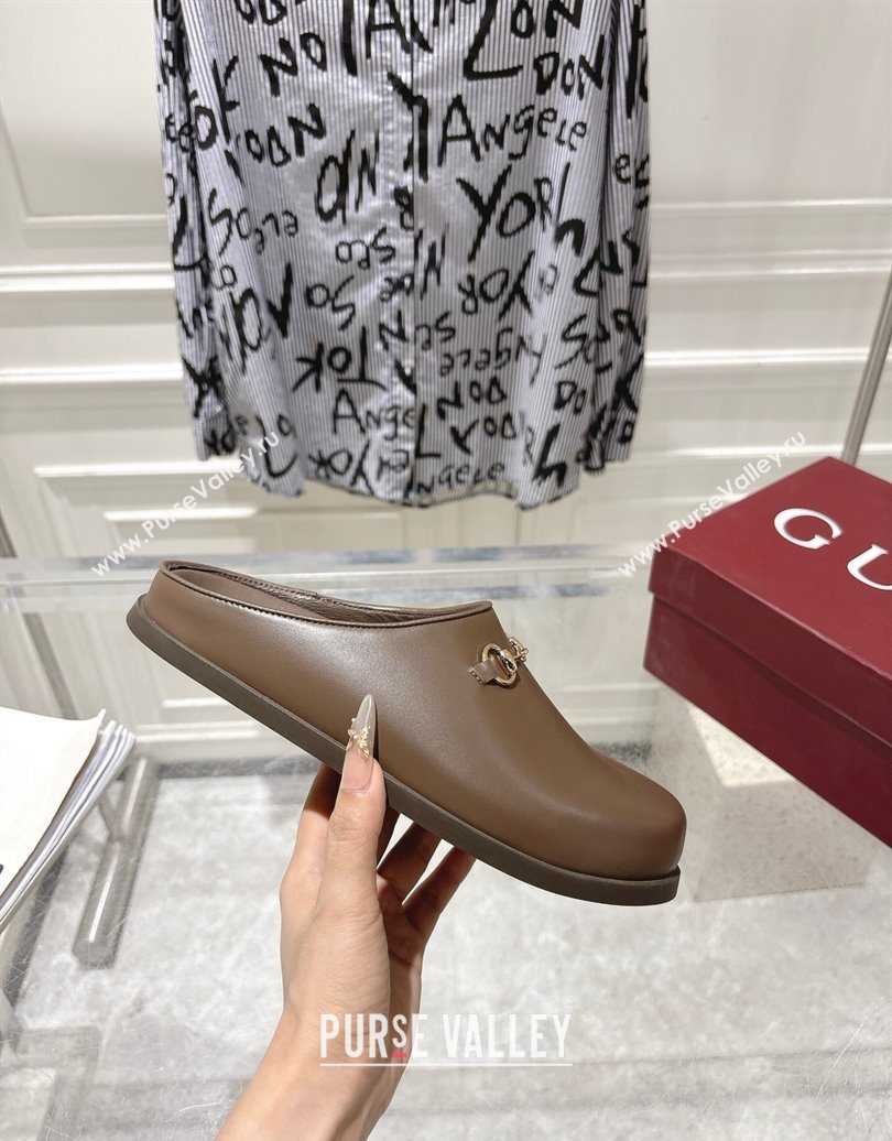 Gucci Leather Flat Mules with Horsebit Coffee Brown 20252 836057 (MD-251020014)