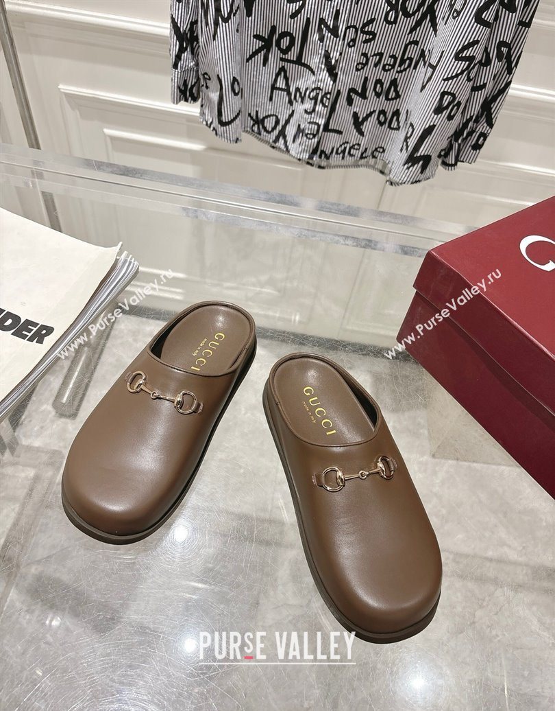 Gucci Leather Flat Mules with Horsebit Coffee Brown 20252 836057 (MD-251020014)