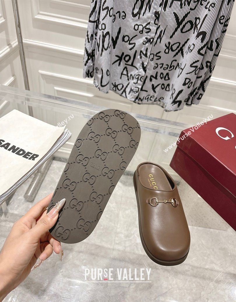 Gucci Leather Flat Mules with Horsebit Coffee Brown 20252 836057 (MD-251020014)