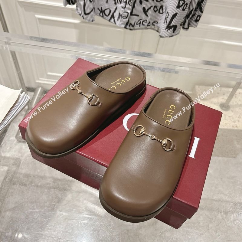 Gucci Leather Flat Mules with Horsebit Coffee Brown 20252 836057 (MD-251020014)