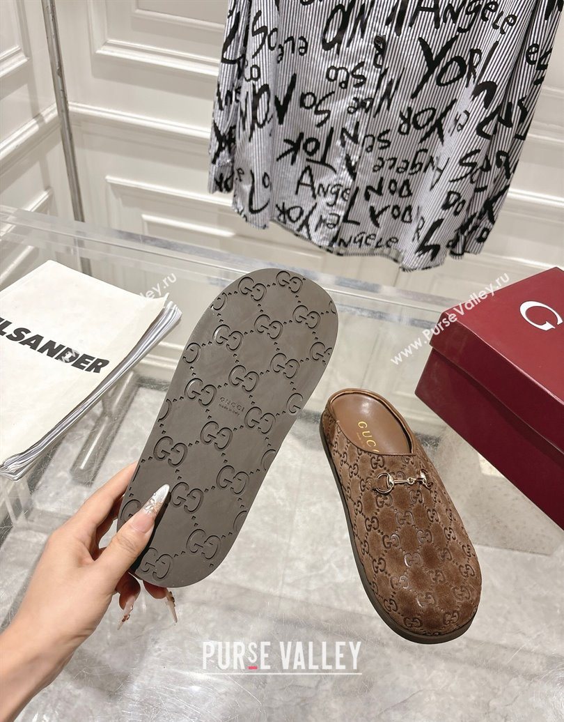 Gucci GG Suede Flat Mules with Horsebit Coffe Brown 20252 836057 (MD-251020012)