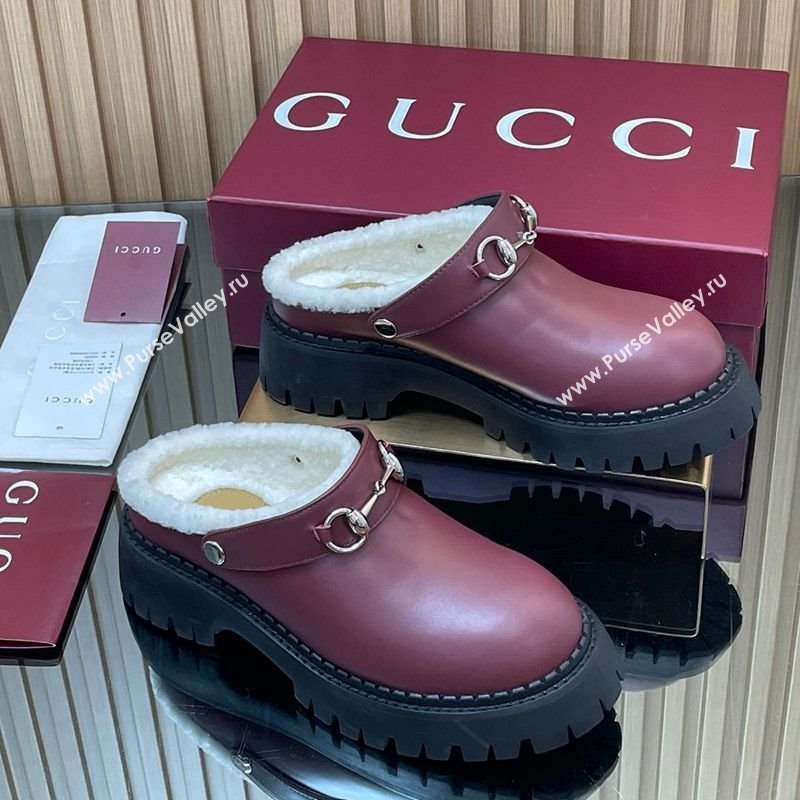 Gucci Leather and Wool Mule with Horsebit 835829 Red 2025 (MD-251020047)