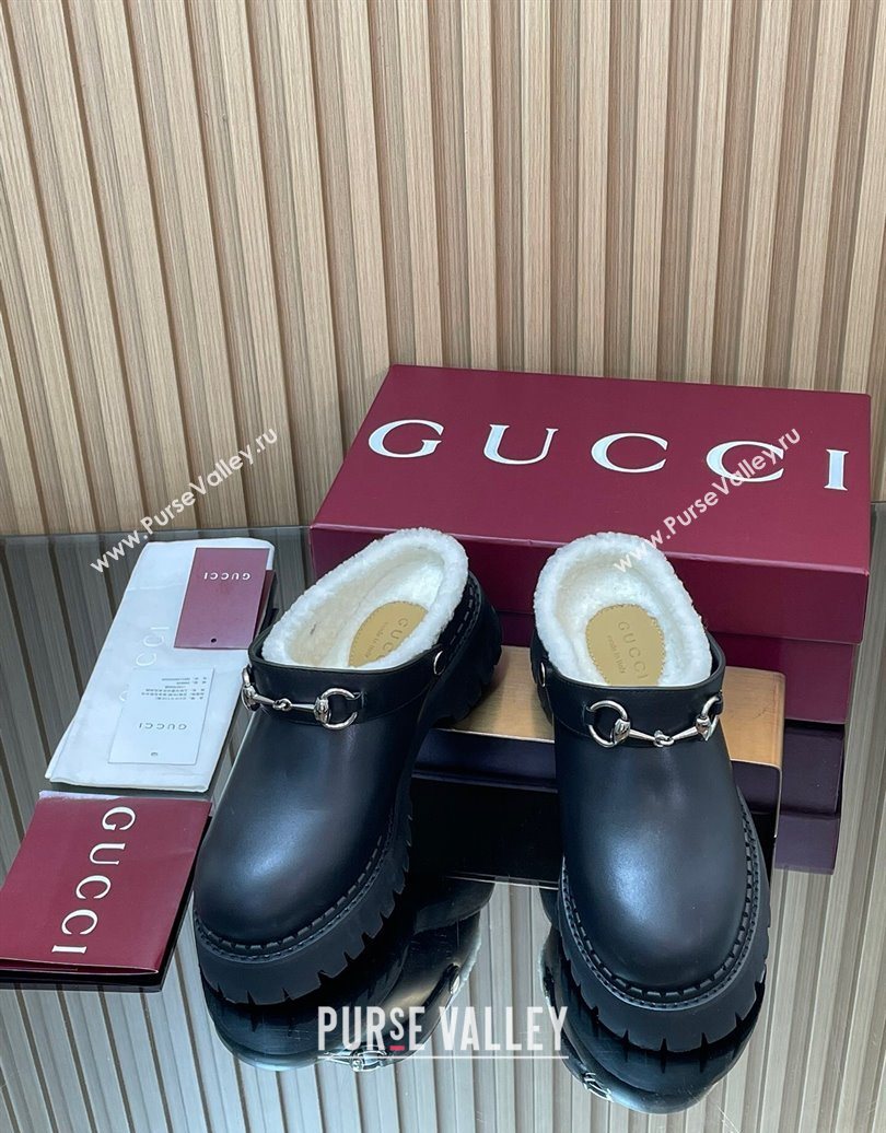 Gucci Leather and Wool Mule with Horsebit 835829 Black 2025 (MD-251020048)