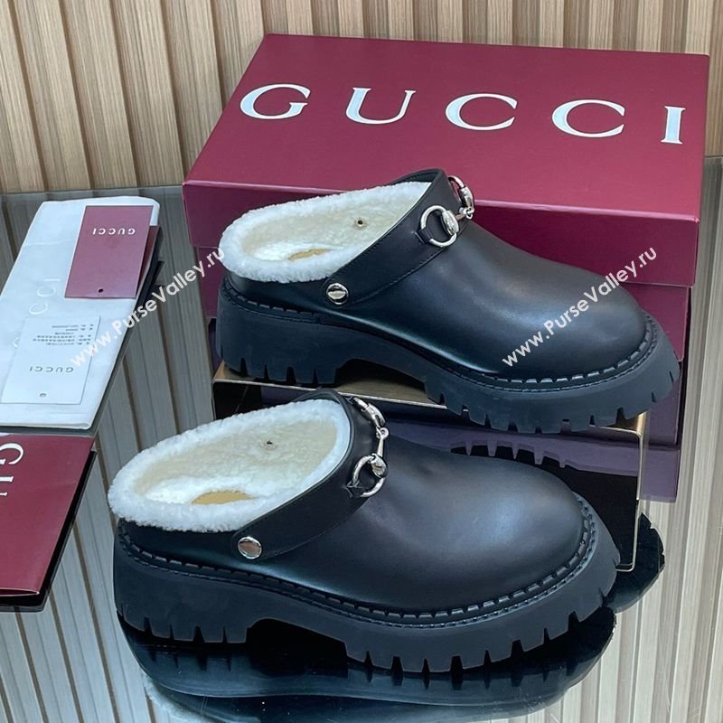 Gucci Leather and Wool Mule with Horsebit 835829 Black 2025 (MD-251020048)