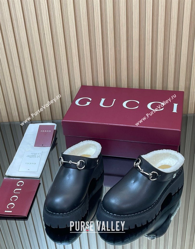 Gucci Leather and Wool Mule with Horsebit 835829 Black 2025 (MD-251020048)