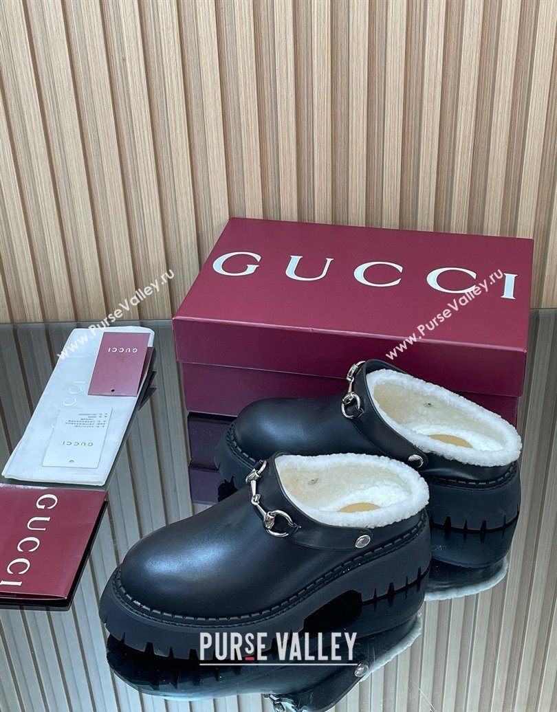 Gucci Leather and Wool Mule with Horsebit 835829 Black 2025 (MD-251020048)