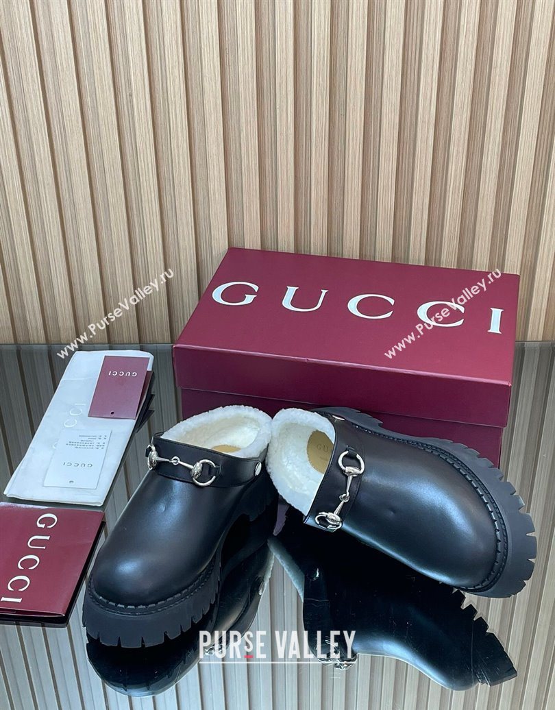 Gucci Leather and Wool Mule with Horsebit 835829 Black 2025 (MD-251020048)