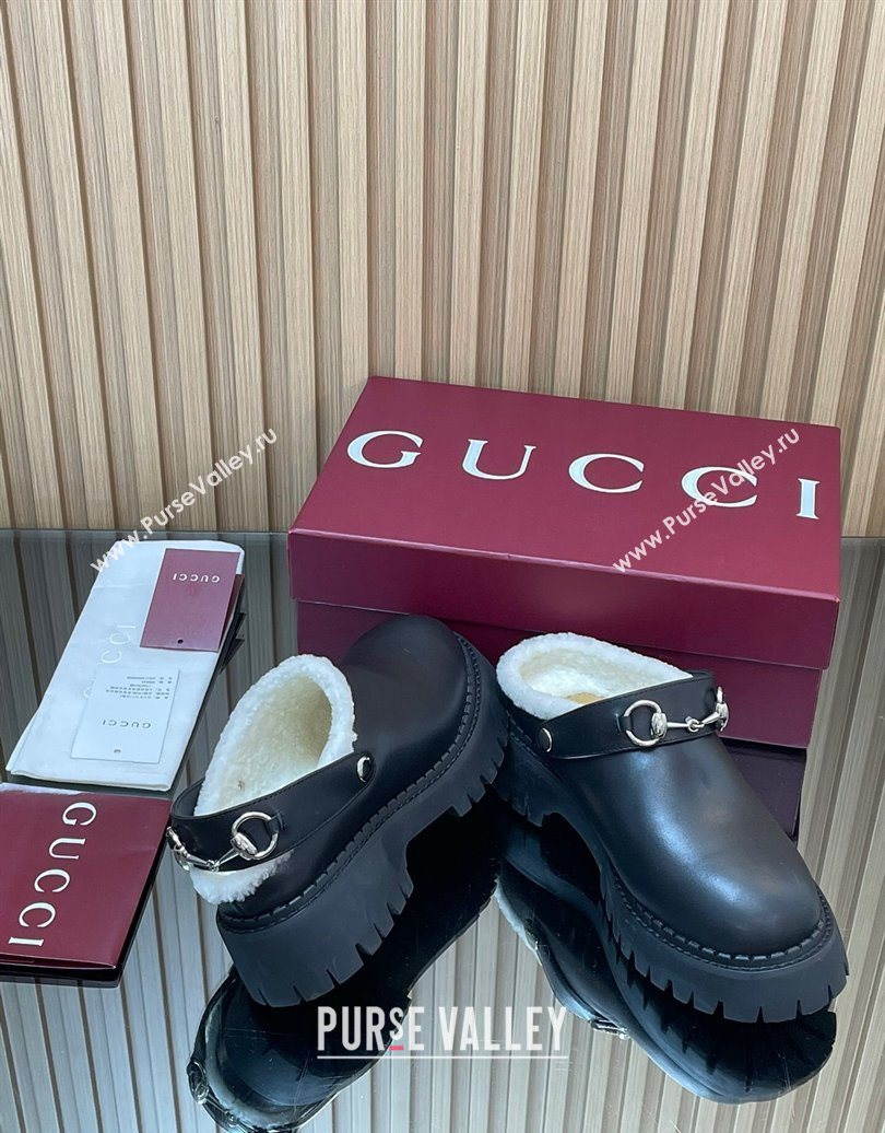 Gucci Leather and Wool Mule with Horsebit 835829 Black 2025 (MD-251020048)