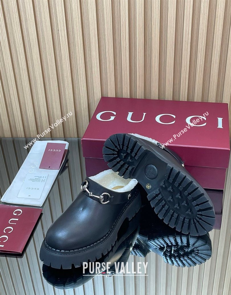 Gucci Leather and Wool Mule with Horsebit 835829 Black 2025 (MD-251020048)