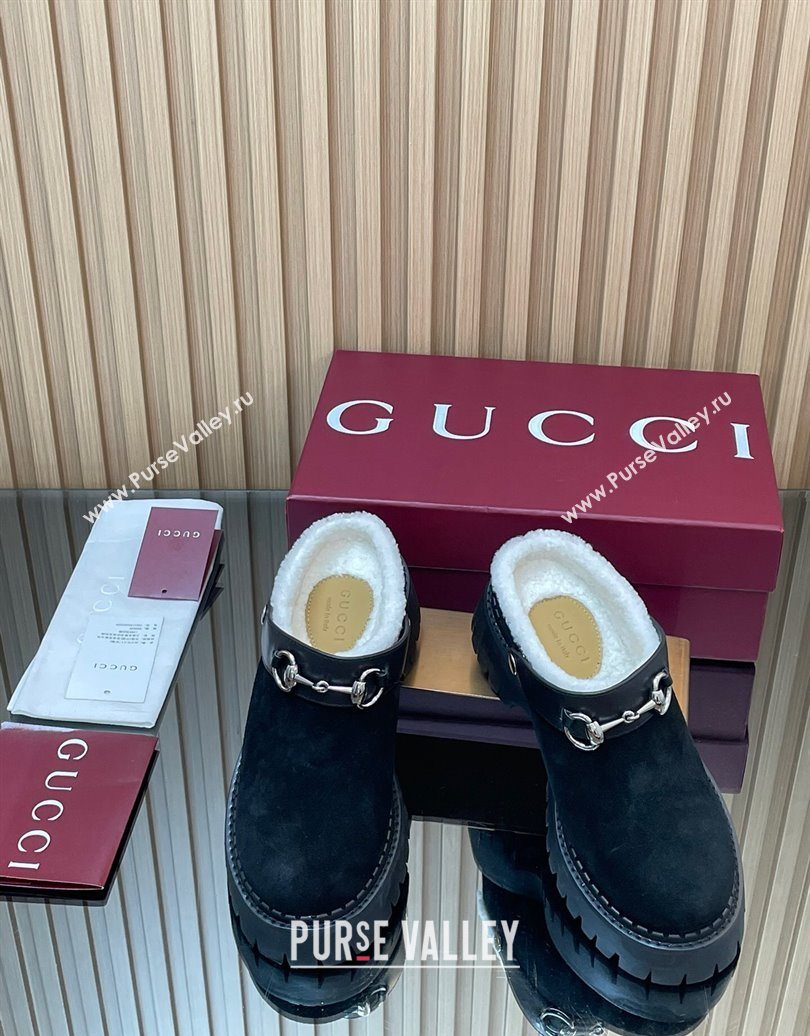 Gucci Suede and Wool Mule with Horsebit 835829 Black 2025 (MD-251020049)