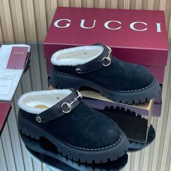 Gucci Suede and Wool Mule with Horsebit 835829 Black 2025 (MD-251020049)