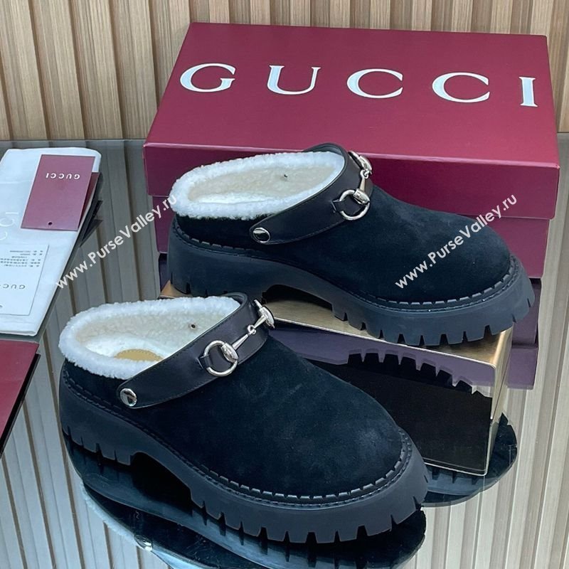 Gucci Suede and Wool Mule with Horsebit 835829 Black 2025 (MD-251020049)