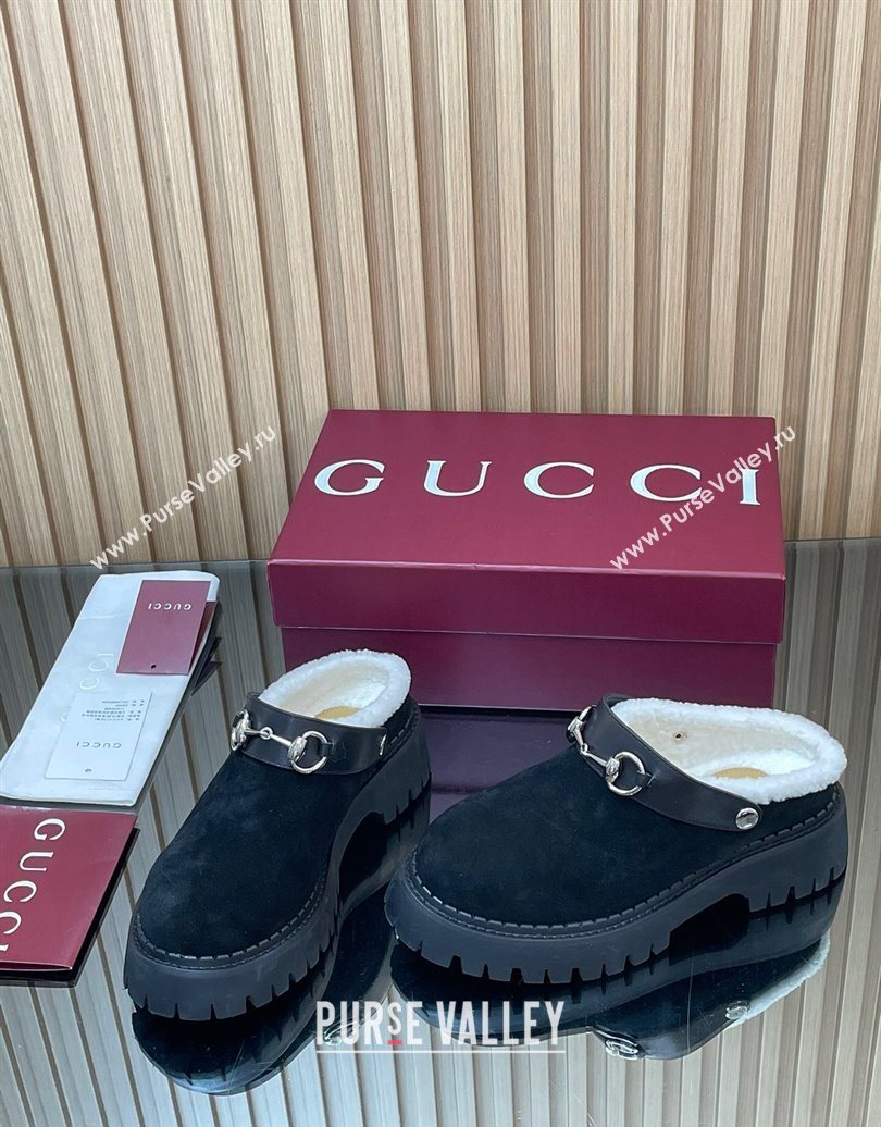 Gucci Suede and Wool Mule with Horsebit 835829 Black 2025 (MD-251020049)