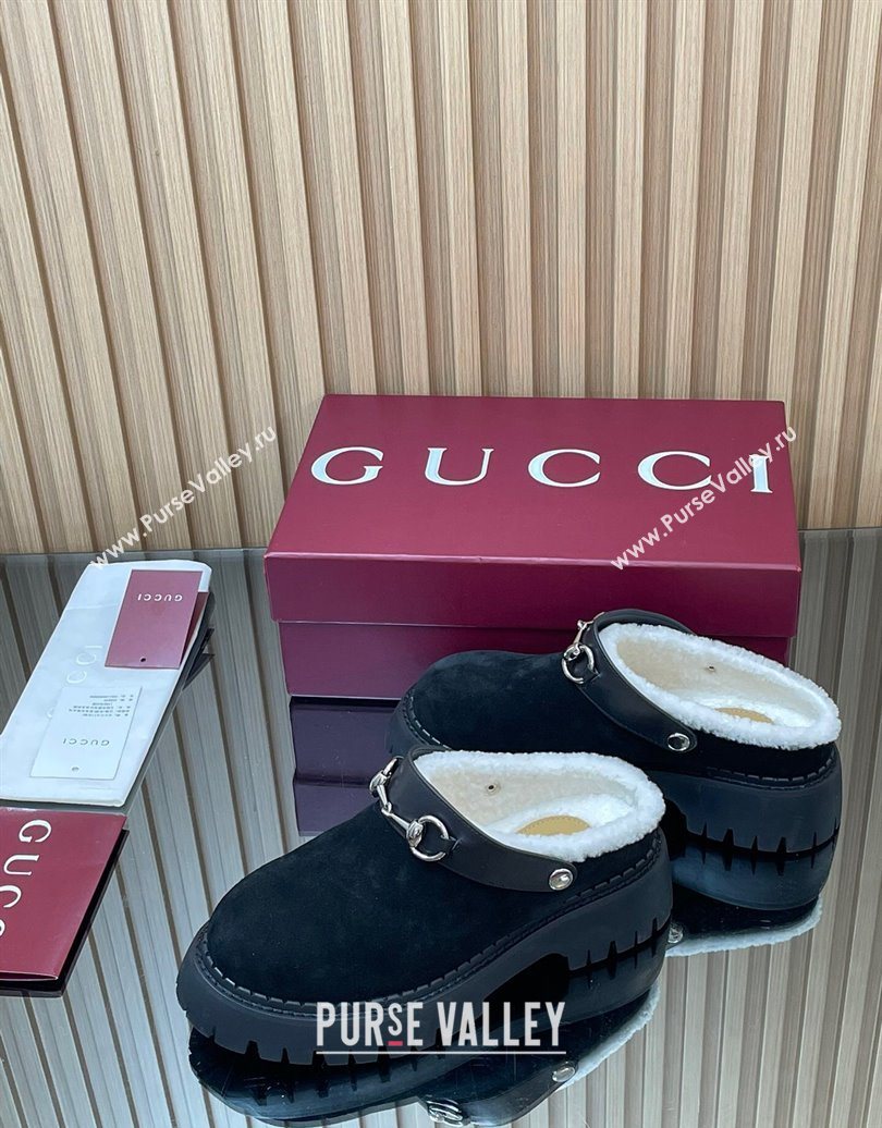 Gucci Suede and Wool Mule with Horsebit 835829 Black 2025 (MD-251020049)
